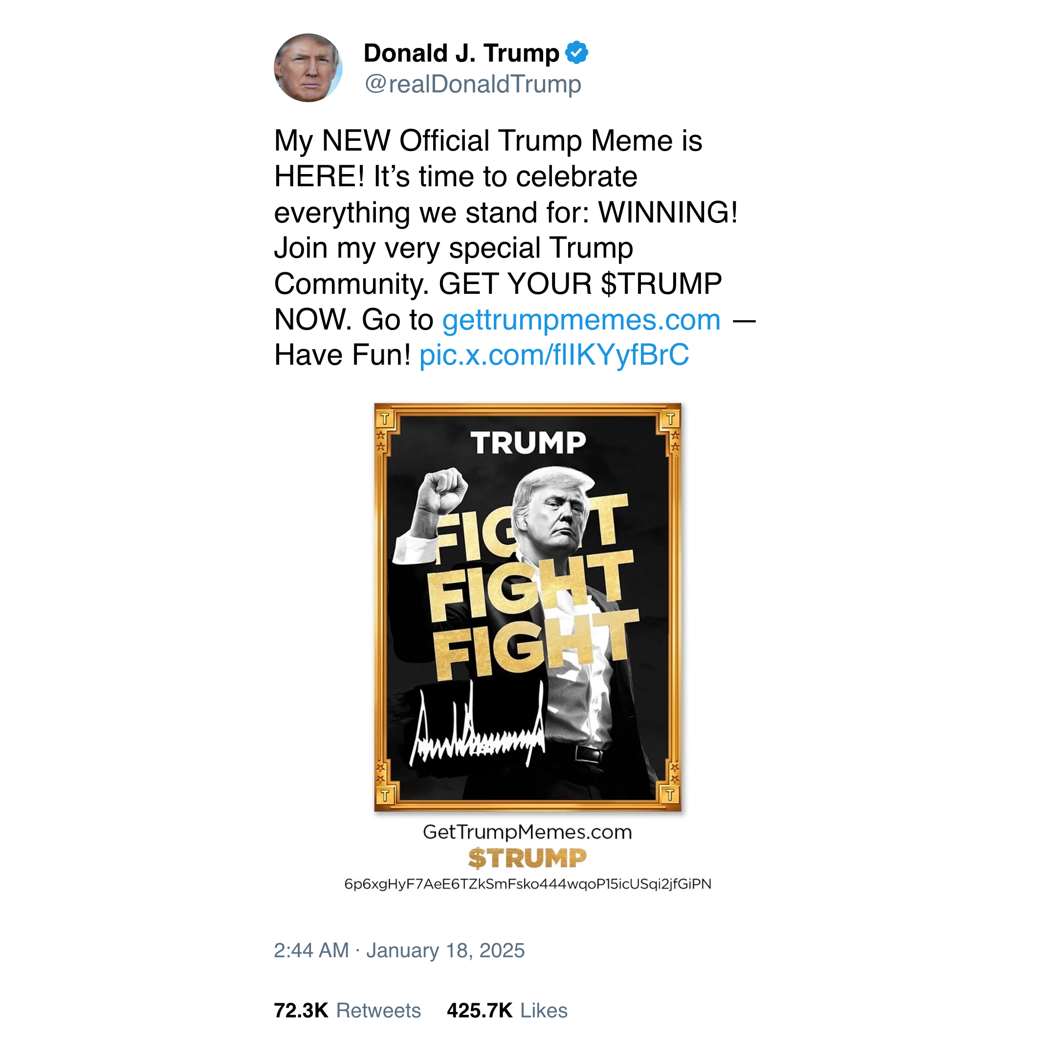A screenshot of Trump's announcement post on X